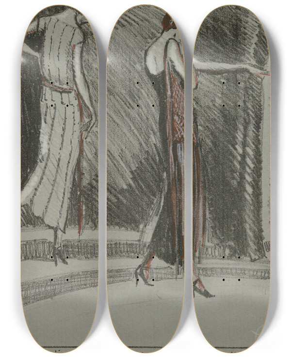 Triptych art skateboard deck of Porter Woodruff Robe Daprsmidi De Beer Et Robe Du Soir De Worth by Porter Woodruff (1894-1959)