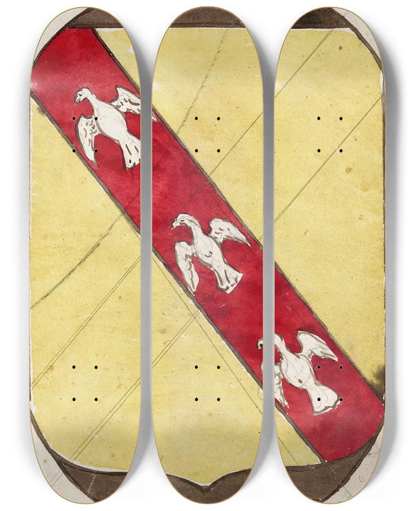 Triptych art skateboard deck of Prosper Lafaye Etude Pour Un Vitrail Motif Hraldique Cusson Iii by Prosper Lafaye (1806-1883)