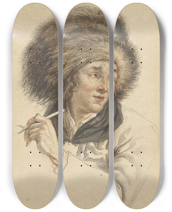 Triptych art skateboard deck of Abraham Van Strij Man With Fur Hat And Pipe by Abraham Van Strij (1753-1753)
