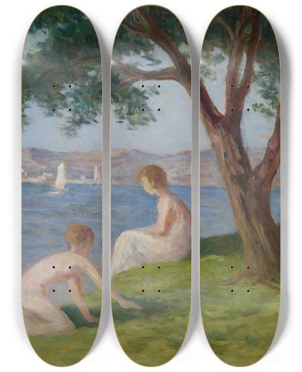 Triptych art skateboard deck of Maximilien Luce Baigneurs St Tropez by Maximilien Luce (1858-1941)