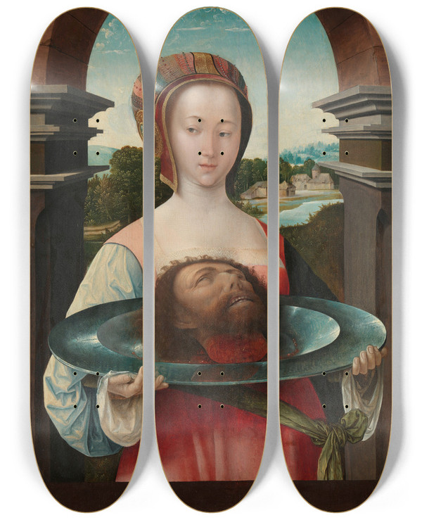 Triptych art skateboard deck of Jacob Cornelisz Van Oostsanen Salome With The Head Of John The Baptist by Jacob Cornelisz Van Oostsanen (1470-1533)