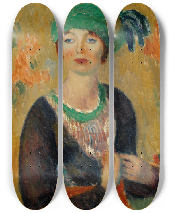 Triptych art skateboard deck of William James Glackens Girl In Green Turban by William James Glackens (1870-1938)