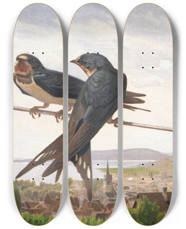 Triptych art skateboard deck of Lopaul Robert Hirondelle De Chemine by Leo Paul Robert (1851-1923)