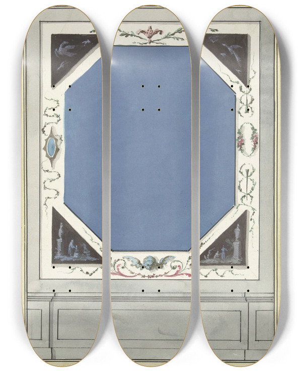 Triptych art skateboard deck of Abraham Meertens Ontwerp Voor Kamerversiering Met Een Paneel Met Centraal Een Blauwe Achthoek by Abraham Meertens (1747-1823)