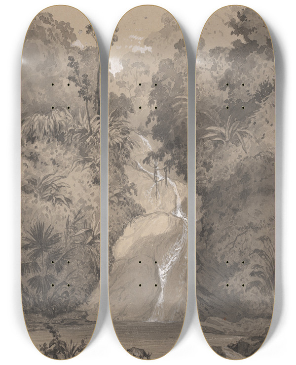Triptych art skateboard deck of Michel Jean Cazabon St Anns Waterfall by Michel Jean Cazabon (1813-1888)
