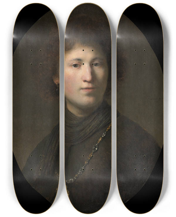 Triptych art skateboard deck of Rembrandt Van Rijn A Young Man With A Chain by Rembrandt Van Rijn (1606-1669)