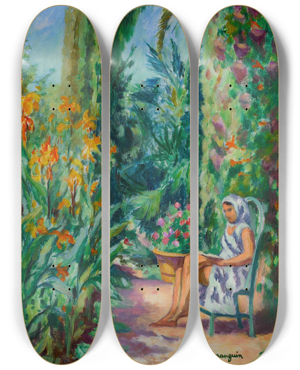 Triptych art skateboard deck of Henri Manguin Odette Dans Le Jardin De Loustalet by Henri Manguin (1874-1949)