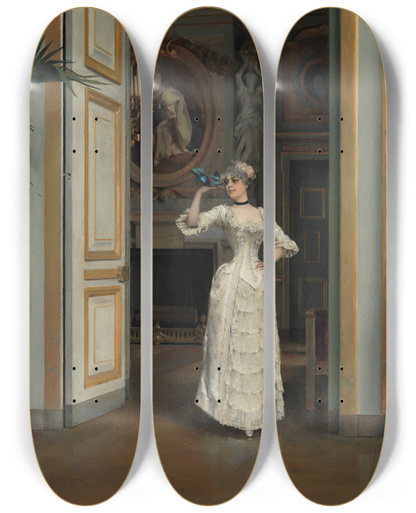 Triptych art skateboard deck of Gunnar Berndtson Woman With A Bird At The Castle Of Maison Laffitte by Gunnar Berndtson (1854-1895)