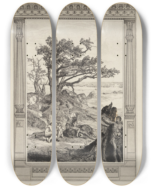 Triptych art skateboard deck of Max Klinger Die Jugend Amors Amor Und Psyche Opus V Blatt 1 by Max Klinger (1857-1920)