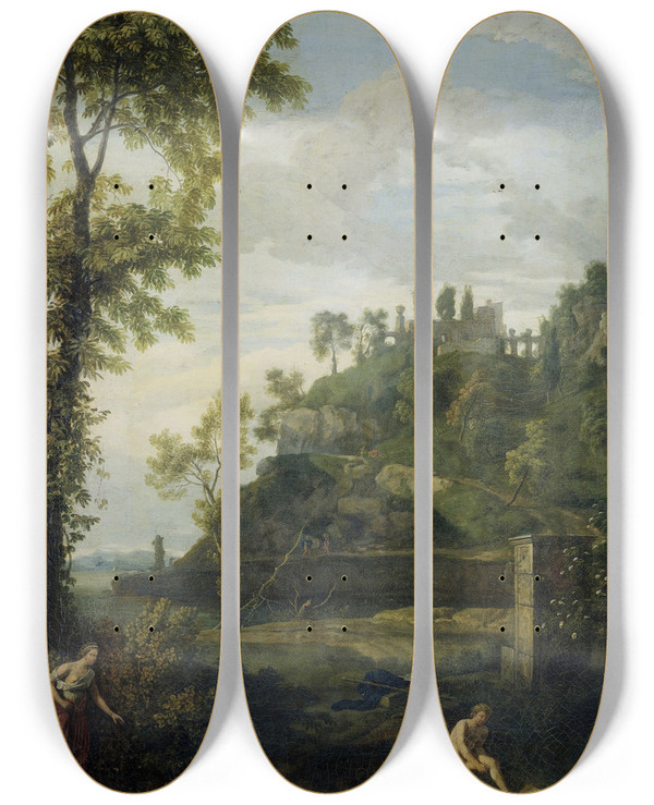 Triptych art skateboard deck of Johannes Glauber Arcadian Landscape With Salmacis And Hermaphroditus by Johannes Glauber (1646-1726)