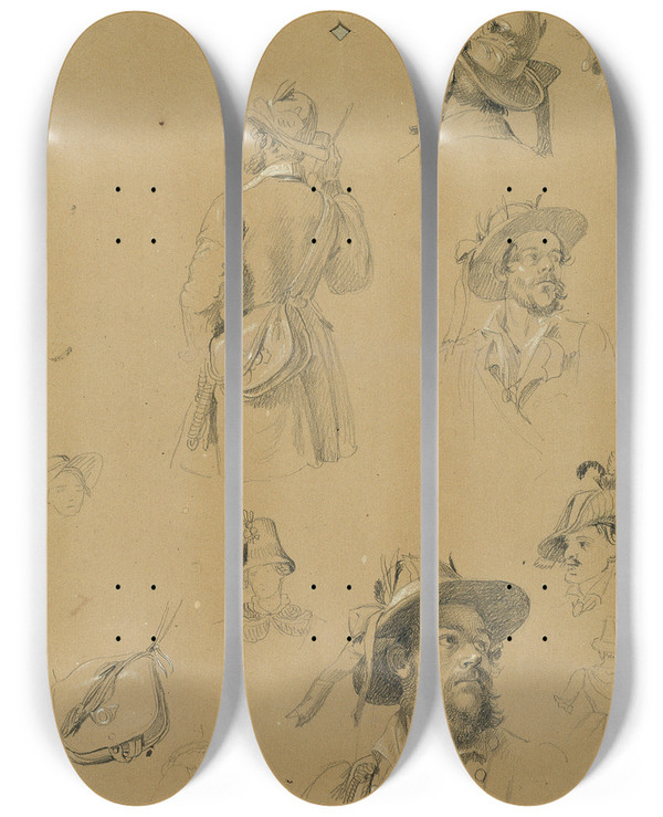 Triptych art skateboard deck of Johann Peter Krafft Skizze Zur Szene Aus Dem Tiroler Freiheitskampf by Johann Peter Krafft (1780-1856)