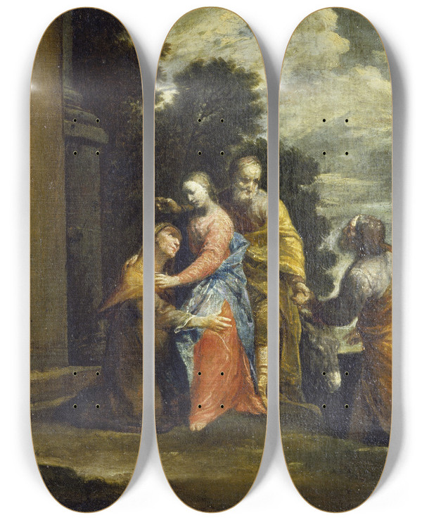 Triptych art skateboard deck of Giuseppe Maria Crespi The Visitation by Giuseppe Maria Crespi (1665-1747)