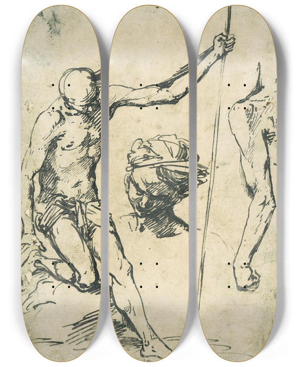 Triptych art skateboard deck of Giuseppe Ribera Gammel Ngen Mand Med Stav Studier Af Mandsarm Og Mandshoved by Giuseppe Ribera