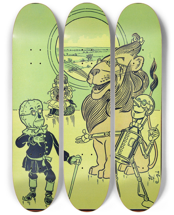 Triptych art skateboard deck of William Wallace Denslow I Feel Wise Indeed Said The Scarecrow by William Wallace Denslow (1856-1915)