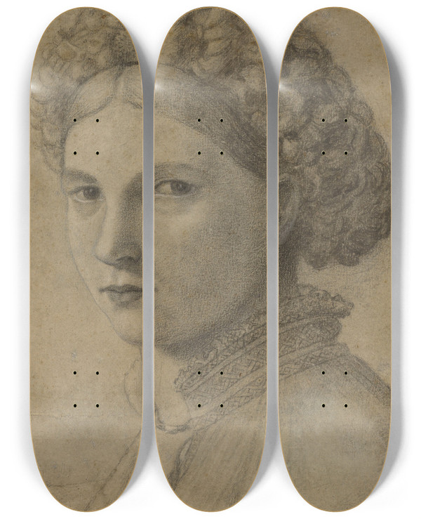 Triptych art skateboard deck of Andrea Previtali Portrait Of A Young Woman by Andrea Previtali (1480-1528)