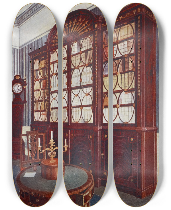 Triptych art skateboard deck of Edwin Foley Inlaid Mahogany Breakfront Bookcase Mahogany Pedestal Centre Table by Edwin Foley (1859-1912)