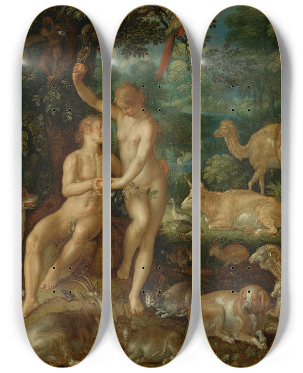 Triptych art skateboard deck of Joachim Wtewael Adam And Eve by Joachim Wtewael (1566-1638)
