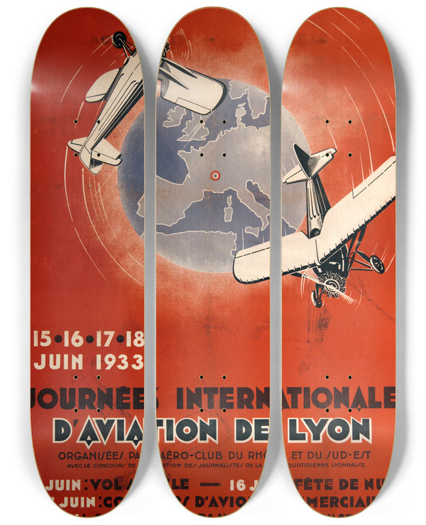 Triptych art skateboard deck of A Salard Journes Internationales Daviation De Lyon by A Salard