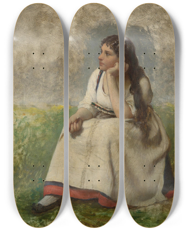 Triptych art skateboard deck of Jules Breton Jeune Fille Pensive by Jules Breton (1827-1906)