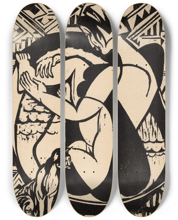 Triptych art skateboard deck of Ernst Ludwig Kirchner Woman In The Bathtub by Ernst Ludwig Kirchner (1880-1938)