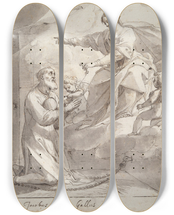 Triptych art skateboard deck of Jacques Stella St Philip Inprison by Jacques Stella (1596-1657)