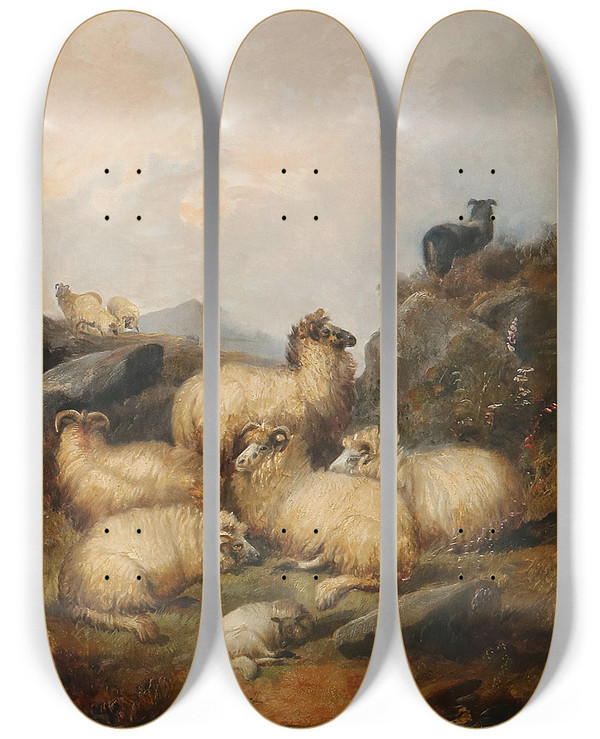 Triptych art skateboard deck of Alfred Morris A Flock Of Sheep In The Scottish Highlands by Alfred Morris (19-)