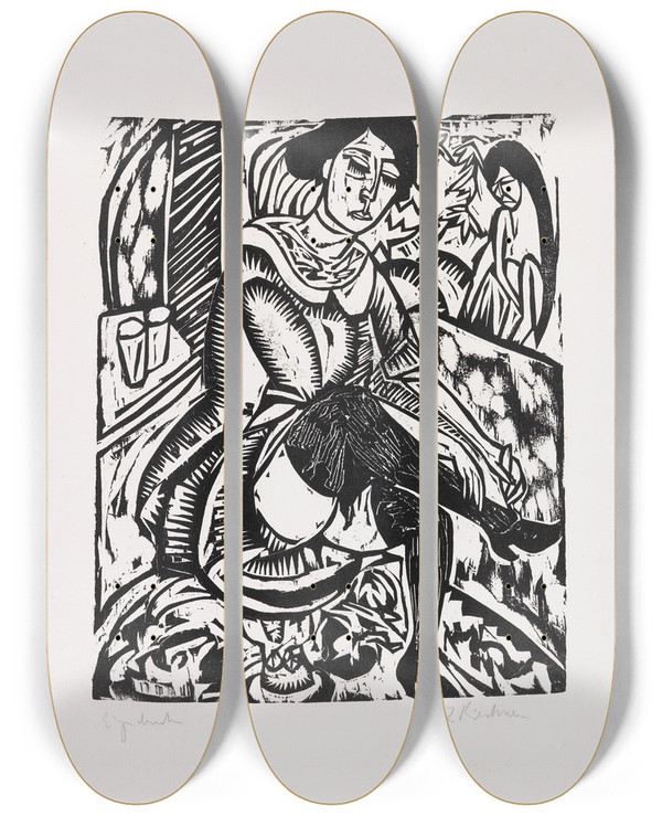 Triptych art skateboard deck of Ernst Ludwig Kirchner Frau Schuh Zuknpfend_2 by Ernst Ludwig Kirchner (1880-1938)