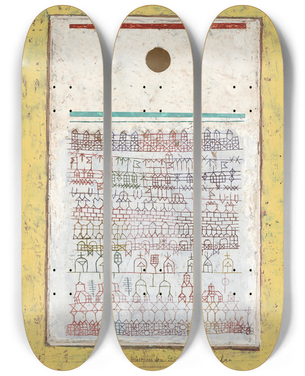 Triptych art skateboard deck of Paul Klee A Page From The Book Of Towns by Paul Klee (1879-1940)