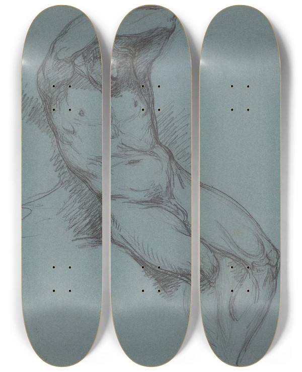Triptych art skateboard deck of Raphael Lamar West A Seated Male Nude With His Hands Crossed Over His Head by Raphael Lamar West (1769-1850)