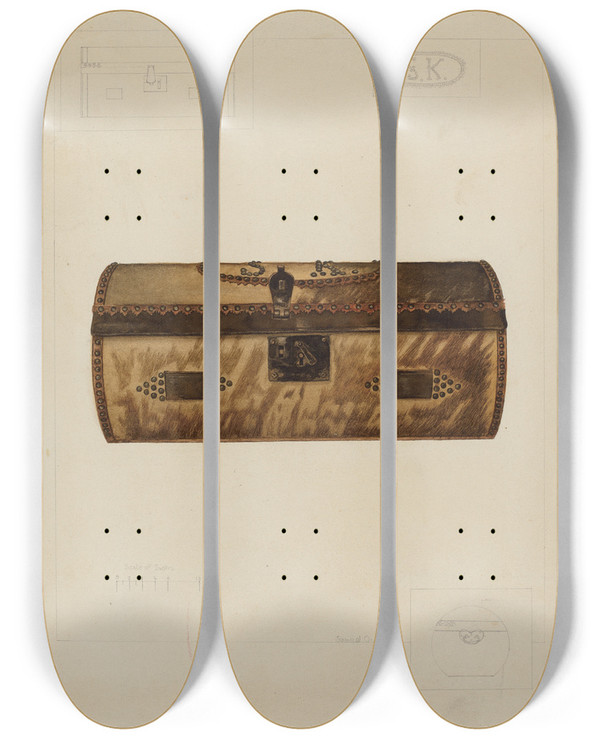 Triptych art skateboard deck of Samuel O Klein Hide Covered Trunk by Samuel O Klein