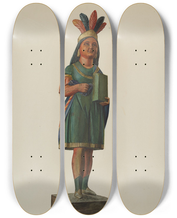 Triptych art skateboard deck of Stanley Mazur Wooden Pocahontas Store Figure by Stanley Mazur