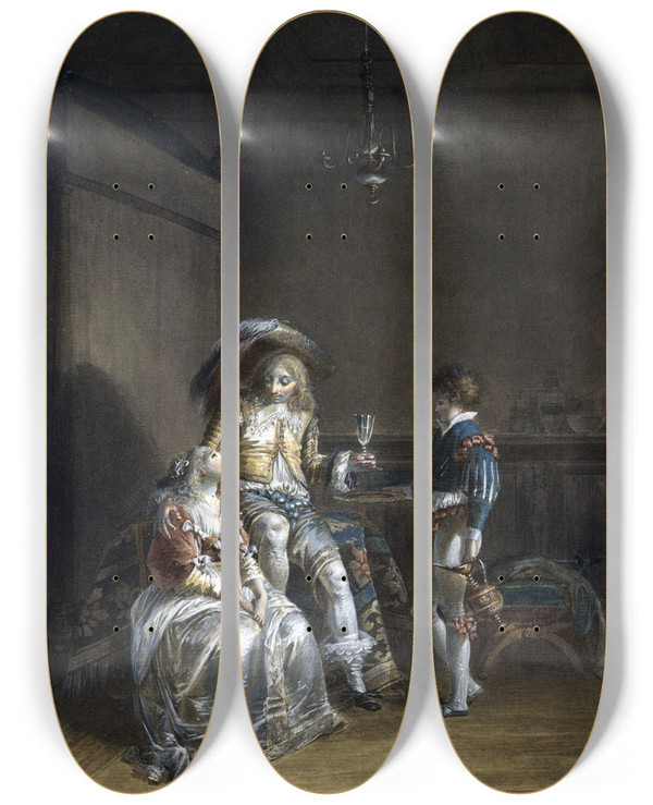 Triptych art skateboard deck of Jeanbaptiste Mallet Le Galant Militaire by Jean-Baptiste Mallet (1759-1835)