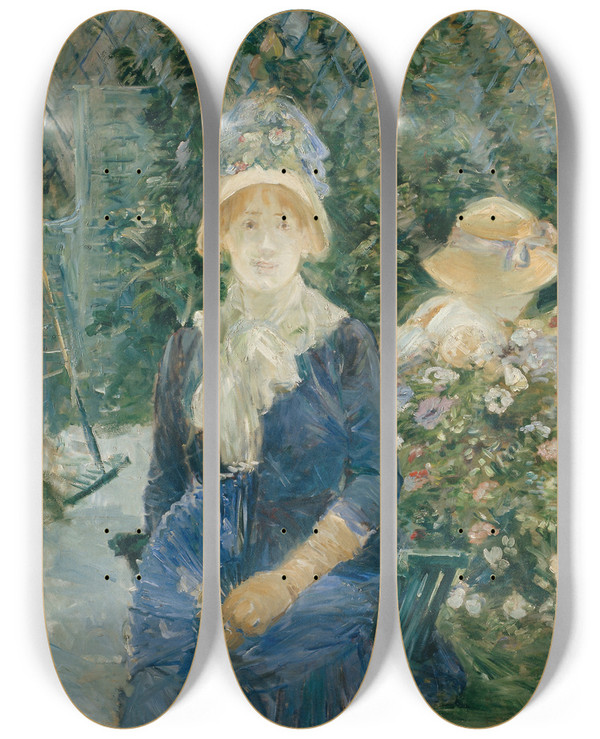 Triptych art skateboard deck of Berthe Morisot Woman In A Garden by Berthe Morisot (1841-1895)