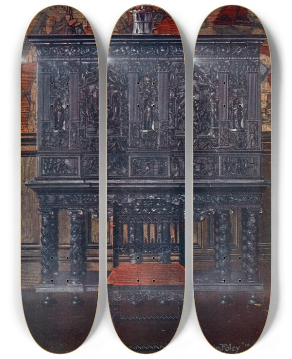 Triptych art skateboard deck of Edwin Foley The Rubens Cabinetof Ebony Carved Interior Fittings Inlaid And Columns Of Tortoiseshell by Edwin Foley (1859-1912)