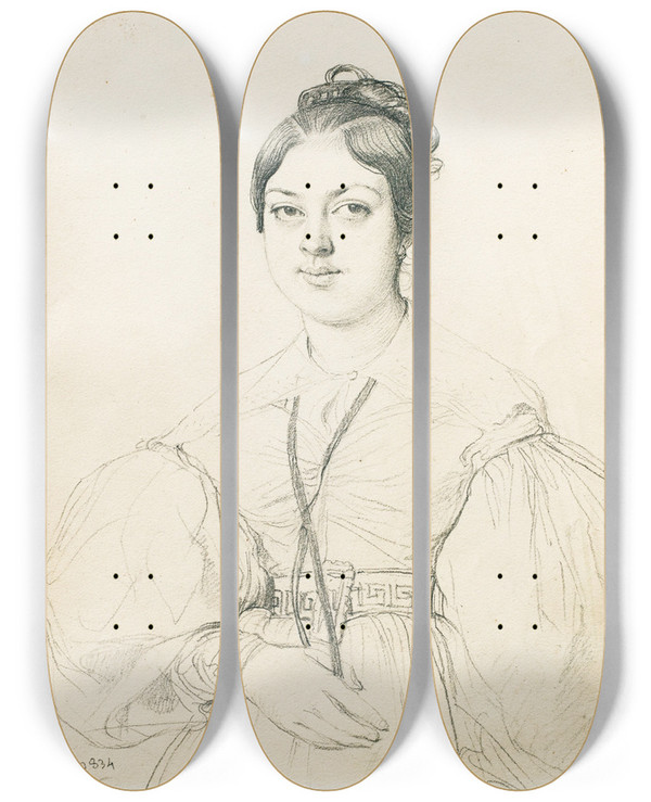 Triptych art skateboard deck of Jean Auguste Dominique Ingres Portrait Dangeline Raoulrochette by Jean Auguste Dominique Ingres (1780-1867)