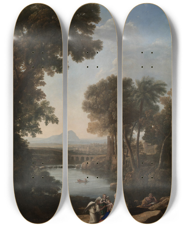 Triptych art skateboard deck of Claude Lorrain Rest On The Flight Into Egypt_1 by Claude Lorrain (1604-1682)
