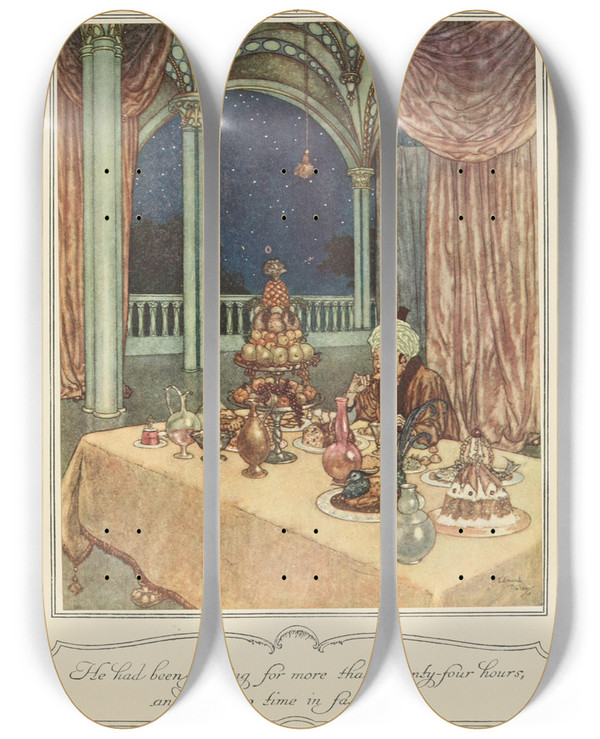 Triptych art skateboard deck of Edmund Dulac He Had Been Fasting For More Than Twentyfour Hours And Lost No Time In Falling To by Edmund Dulac (1882-1953)
