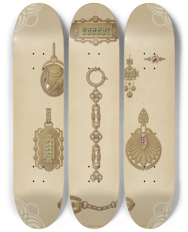Triptych art skateboard deck of Martin Gerlach Ii Jahrgang Liefr I 1 Eight Designs For Jewelry Including Large Gold Chain by Martin Gerlach (1846-1918)