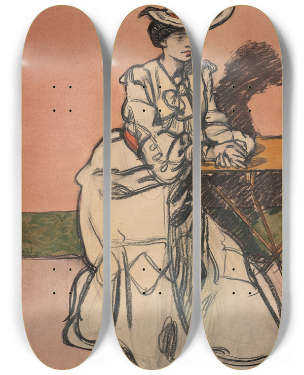 Triptych art skateboard deck of Maxime Dethomas An Elegant Parisinne Seated In A Caf by Maxime Dethomas (1867-1929)