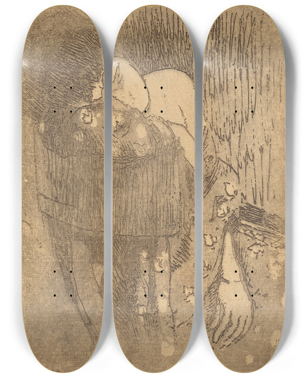 Triptych art skateboard deck of Albert Besnard Sorrow Chagrin by Albert Besnard (1849-1934)