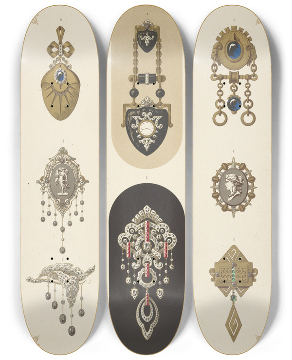 Triptych art skateboard deck of Martin Gerlach Eight Designs For Jewelry Including Black And Gold Brooch With Tiny Watch by Martin Gerlach (1846-1918)