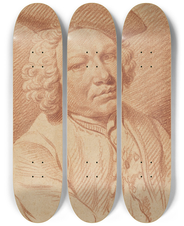 Triptych art skateboard deck of Georg Friedrich Schmidt Portrait Of A Man In A Tricorn Hat by Georg Friedrich Schmidt (1712-1775)