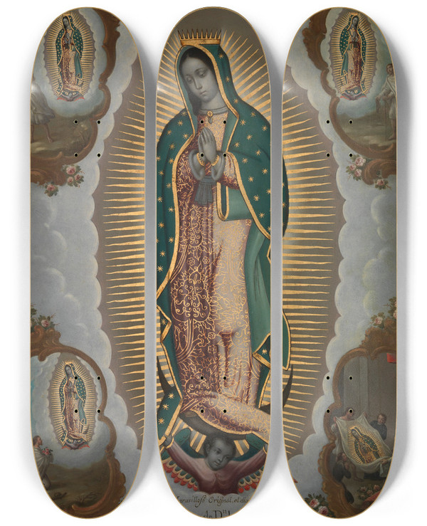 Triptych art skateboard deck of Nicols Enrquez The Virgin Of Guadalupe With The Four Apparitions by Nicolas Enriquez (1704-1795)