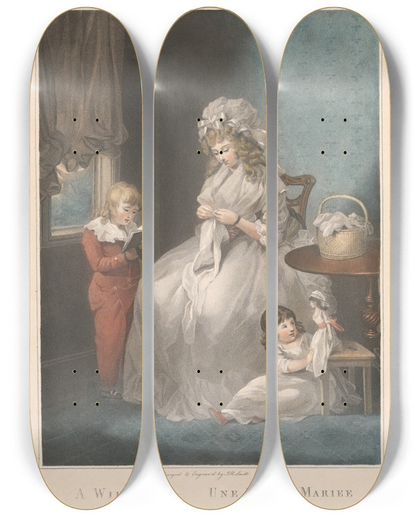 Triptych art skateboard deck of John Raphael Smith A Wife Une Femme Mariee by John Raphael Smith (1752-1812)