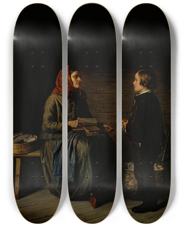 Triptych art skateboard deck of Robert Wilhelm Ekman The Morning Before An Examination by Robert Wilhelm Ekman (1808-1873)