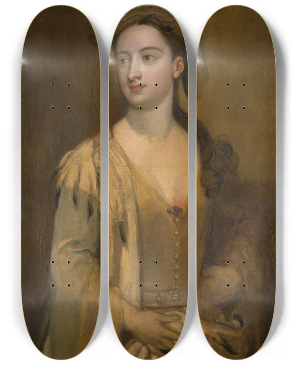 Triptych art skateboard deck of Sir Godfrey Kneller A Woman Called Lady Mary Wortley Montagu by Sir Godfrey Kneller (1646-1723)