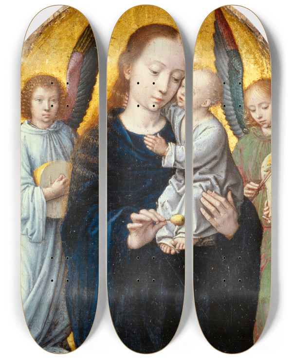 Triptych art skateboard deck of Gerard David Virgin With Child Between Angels Playing Music by Gerard David (1460-1523)