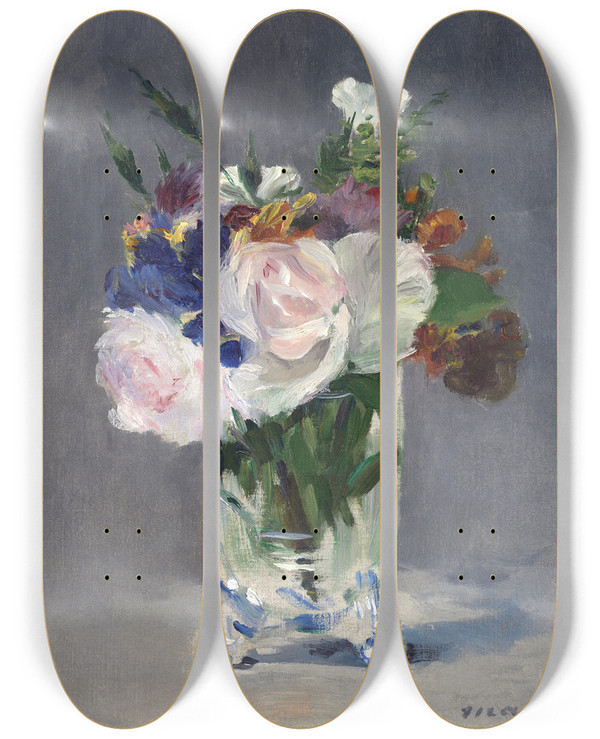 Triptych art skateboard deck of Douard Manet Flowers In A Crystal Vase by douard Manet (1832-1883)