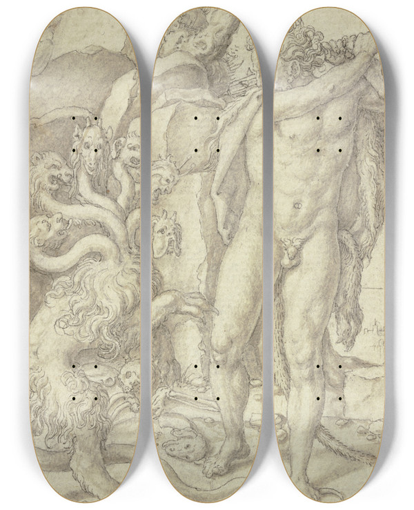 Triptych art skateboard deck of Heinrich Aldegrever Herkules Ttet Die Lernische Hydra by Heinrich Aldegrever (1502-1555)