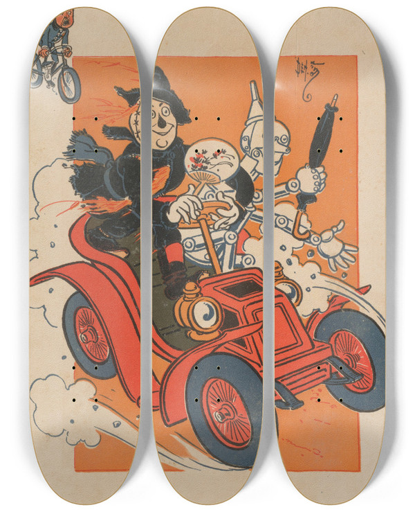 Triptych art skateboard deck of William Wallace Denslow Denslows Scarecrow And The Tinman Pl2 by William Wallace Denslow (1856-1915)